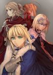  armor artoria_pendragon_(all) back-to-back blonde_hair blue_eyes breastplate cape cloak fate/apocrypha fate/extra fate/stay_night fate_(series) gauntlets genderswap green_eyes hair_bun headpiece highres jeanne_d'arc_(fate) jeanne_d'arc_(fate)_(all) julius_caesar multiple_girls multiple_persona nashoki nero_claudius_(fate) nero_claudius_(fate)_(all) saber 