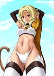  alicia_rue animal_ears arms_behind_head bikini blonde_hair brown_eyes cat_ears from_below navel one_eye_closed orange_(meitoku) pointy_ears short_hair solo swimsuit sword_art_online tail thighhighs 