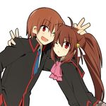  1girl bad_id bad_pixiv_id bow brother_and_sister brown_hair little_busters! long_hair natsume_kyousuke natsume_rin one_eye_closed pink_bow ponytail red_eyes school_uniform shacttainw short_hair siblings v 