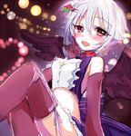  :d asprach blush center_opening cleavage_cutout elbow_gloves gloves hair_ornament hairclip heart_cutout idolmaster idolmaster_cinderella_girls koshimizu_sachiko midriff open_mouth purple_eyes purple_legwear short_hair sitting smile solo sweat thighhighs wings 