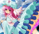  back bird cloud colorized day hat japanese_clothes jpeg_artifacts looking_at_viewer neko_suki_musume nogi_takayoshi ocean open_mouth pink_eyes pink_hair saigyouji_yuyuko sash ship short_hair sky smile solo thighhighs touhou triangular_headpiece water watercraft white_legwear wide_sleeves 