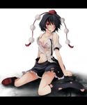 absurdres bad_id bad_pixiv_id black_hair blush bra breasts groin hat highres injury looking_at_viewer medium_breasts one_eye_closed open_mouth red_eyes s-syogo shameimaru_aya shoes short_hair single_shoe skirt slit_pupils solo tears tokin_hat torn_clothes touhou underwear wince 