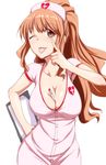  ;p akanbe between_breasts breasts brown_eyes brown_hair clearite cleavage idolmaster idolmaster_cinderella_girls large_breasts long_hair moroboshi_kirari nurse one_eye_closed simple_background smile solo thermometer tongue tongue_out white_background 