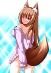  animal_ears ass back bare_shoulders blush breasts brown_hair covering covering_ass holo large_breasts long_hair looking_at_viewer looking_back merry_(diameri) naked_sweater off_shoulder open_mouth ribbed_sweater solo spice_and_wolf sweater tail wolf_ears wolf_tail yellow_eyes 