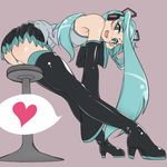  black_footwear black_legwear boots detached_sleeves full_body green_eyes green_hair haruhisky hatsune_miku headphones high_heels leaning_forward long_hair necktie open_mouth panties shoes simple_background sitting skirt solo stool striped striped_panties thigh_boots thighhighs twintails underwear very_long_hair vocaloid 