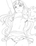  absurdres breasts clearite greyscale highres idolmaster idolmaster_(classic) lineart long_hair looking_at_viewer medium_breasts monochrome no_bra panties pom_poms shijou_takane skirt solo transparent_background underboob underwear very_long_hair 