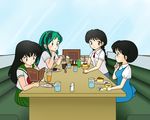  4girls artist_connection bench black_eyes black_hair blue_eyes cake creator_connection crossover drink eating food fork glass green_hair higurashi_kagome horns ice inuyasha kyoukai_no_rinne long_hair lum lum10 maison_ikkoku mamiya_sakura menu multiple_girls napkin oni otonashi_kyouko pointy_ears pudding ranma_1/2 school_uniform short_hair spoon straw table takahashi_rumiko tendou_akane urusei_yatsura water window 