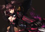  absurdres archer_(dragon_nest) armor arrow black_wings bow_(weapon) breasts brown_hair cleavage dragon_nest gauntlets highres large_breasts pointy_ears red_eyes shou_mai weapon wings 