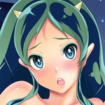  1girl bkks_bkks blue_eyes blush green_hair horns looking_at_viewer lowres lum oni open_mouth portrait solo star urusei_yatsura yu_(bkks) 