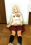  axis_powers_hetalia blonde_hair crossdressing full_body green_eyes highres long_hair male_focus otoko_no_ko poland_(hetalia) school_uniform shoes skirt sneakers socks solo sweater 