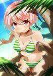  beach bikini fang kurogoma_(haruhi3) original pink_hair red_eyes short_hair striped striped_bikini striped_swimsuit swimsuit 