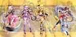  absurdres ahoge bare_shoulders blonde_hair blue_eyes boots braid brown_hair highres ia_(vocaloid) kingchenxi lily_(vocaloid) long_hair looking_at_viewer luo_tianyi midriff multiple_girls navel open_mouth pink_hair polearm purple_eyes purple_hair scythe short_hair_with_long_locks sidelocks skirt smile spear thigh_boots thigh_strap thighhighs twin_braids very_long_hair vocaloid vocanese voiceroid weapon yuezheng_ling yuzuki_yukari 