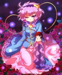  eyeball field flower flower_field hairband heart kamome komeiji_satori lights long_sleeves one_eye_closed pink_hair pink_skirt purple_eyes red_flower red_rose rose shirt short_hair skirt solo third_eye touhou wide_sleeves 