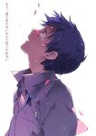  absurdres bad_id bad_pixiv_id bangs blue_eyes blue_hair collared_shirt crying evangelion:_3.0_you_can_(not)_redo from_side highres ikari_shinji light_particles looking_up male_focus molujian neon_genesis_evangelion parted_lips profile rebuild_of_evangelion school_uniform shirt simple_background solo tears translated upper_body white_background white_shirt 