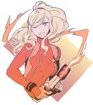  alternate_hairstyle blonde_hair bodysuit commentary cosplay grin gun impossible_bodysuit impossible_clothes metroid nintendo one_eye_closed persona persona_5 ponytail radiostarkiller red_bodysuit samus_aran samus_aran_(cosplay) smile solo super_smash_bros. takamaki_anne weapon zero_suit 