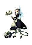  apron bloody_marie_(skullgirls) bone bones fire hair_ornament harbour48 highres maid maid_apron maid_headdress maid_uniform mary_janes red_eyes ribs shoes silver_hair simple_background skirt skull skull_hair_ornament skullgirls solo twintails vacuum_cleaner white_background 