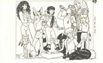  anthro assorted_characters avian belt bird black_and_white black_hair black_nose bottle bracelet cacomistle canine centaur chester_ringtail_magreer clothed clothing cup dog drinking english_text equine eyes_closed feather feline female feral group hair human jewelry leopard long_hair male mammal monochrome necklace pillow plain_background pointy_ears ponytail ringed_tail sitting smile snow_leopard spots standing taur terrie_smith text tongue tongue_out white_background young 