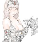  armor axe bad_id bad_pixiv_id blush_stickers breasts cleavage earrings gloves jewelry kusagami_style lips medium_breasts original signature simple_background solo weapon white_background 