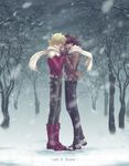  bare_tree barnaby_brooks_jr blonde_hair boots breath brown_hair closed_eyes facial_hair glasses jacket kaburagi_t_kotetsu mittens multiple_boys red_jacket sbr scarf snow snowing stubble tiger_&amp;_bunny tree vest waistcoat winter 