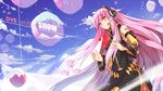  avtechno! cloud detached_sleeves dye_(vocaloid) headphones headset highres long_hair looking_at_viewer megurine_luka mountain pink_eyes pink_hair sky snow solo text_focus very_long_hair vocaloid wallpaper x-boy 
