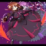  armor blue_eyes brown_hair dress fingerless_gloves gloves highres letterboxed long_sleeves luciferion lyrical_nanoha mahou_shoujo_lyrical_nanoha mahou_shoujo_lyrical_nanoha_a's mahou_shoujo_lyrical_nanoha_a's_portable:_the_battle_of_aces material-s open_mouth outstretched_hand puffy_sleeves short_hair solo wings yorousa_(yoroiusagi) zoom_layer 