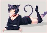  ahoge animal_ears bad_id bad_pixiv_id black_hair black_legwear border breasts cat_ears cat_tail cleavage collar large_breasts leg_up lips looking_at_viewer lying matsurika_youko nail_polish no_pants on_stomach original panties red_panties ribbed_sweater short_hair smile solo sweater tail thighhighs thighhighs_pull underwear yellow_eyes 