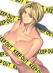  ass bad_id bad_pixiv_id blonde_hair blue_eyes bow breasts caution_tape censored cleavage convenient_censoring crossed_arms dead_or_alive earrings hair_bow helena_douglas homare_(fool's_art) jewelry keep_out large_breasts long_hair nude solo 