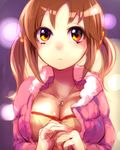  blurry blush bokeh breasts brown_eyes brown_hair cleavage coat collarbone depth_of_field idolmaster idolmaster_cinderella_girls jewelry large_breasts looking_at_viewer necklace parka solo totoki_airi twintails upper_body yuura 