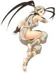  ankle_wrap antenna_hair bandages barefoot brown_eyes brown_hair feet fingerless_gloves full_body gloves hair_pulled_back highres hip_vent ibuki_(street_fighter) jumping long_hair ninja no_panties oyatsu_(mk2) ponytail simple_background soles solo street_fighter street_fighter_iii_(series) thighs toes 