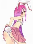  animal_ears ass bad_id bad_pixiv_id bare_shoulders bra bunny_ears bunny_tail from_behind heikouidou_(seraeno) leaning_forward long_hair looking_at_viewer looking_back no_shirt panties pink_hair pleated_skirt presenting reisen_udongein_inaba skirt solo sweatdrop tail touhou underwear very_long_hair white_panties 