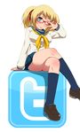  arm_support blonde_hair commentary crossed_legs hair_ribbon hayashi_custom icon looking_at_viewer one_eye_closed pleated_skirt ribbon school_uniform serafuku short_twintails simple_background sitting skirt smile socks solo twintails twitter v_over_eye white_background 