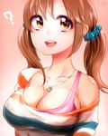  :d ? blush breasts brown_eyes brown_hair cleavage idolmaster idolmaster_cinderella_girls large_breasts looking_at_viewer off_shoulder open_mouth shirt simple_background smile solo striped striped_shirt totoki_airi twintails yuura 