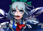  blue_eyes blue_hair bow cirno dress hair_bow open_mouth short_hair short_sleeves smile solo touhou wings yuura 
