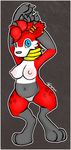  3_toes anthro blue_eyes breasts claws digitigrade ear_piercing female fionthebunny fur hair hyena looking_at_viewer mammal markings necklace nipples nude piercing plump_labia presenting pubes pussy red_fur red_hair socks_(marking) 