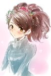  bangs big_hair brown_eyes brown_hair casual comb hair_ornament heart holly momohime oboro_muramasa ribbed_sweater solo sweater turtleneck tusia upper_body 