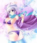  ass bare_shoulders bikini blue_eyes blue_legwear blue_scarf blush breasts bug_(artist) cape cleavage hat highres large_breasts lavender_hair letty_whiterock looking_at_viewer scarf short_hair side-tie_bikini solo swimsuit thighhighs touhou twisted_torso 