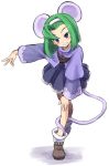  1girl animal_ears brave_fencer_musashiden capelet commentary_request dress full_body green_hair hairband mouse_ears mouse_girl mouse_tail purple_capelet purple_eyes samezamekoban shoes short_hair solo tail topo_(musashiden) 