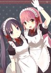  :d :o arm_up bad_id bad_pixiv_id black_hair blue_eyes blush bow brown_eyes gloves holding long_hair looking_at_viewer maid maid_headdress multiple_girls nekomo open_mouth original pink_hair polka_dot polka_dot_background smile tray twintails white_gloves 