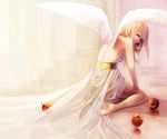  aka_tonbo_(lovetow) angel angel_wings apple back backless_outfit bare_arms bare_legs barefoot blonde_hair dress food fruit green_eyes highres long_hair looking_at_viewer original sitting solo wariza white_dress white_wings wings 