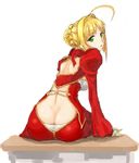  ahoge ass back_cutout bare_back blonde_hair butt_crack dimples_of_venus downpants dress fate/extra fate_(series) from_behind green_eyes juliet_sleeves long_sleeves looking_back nero_claudius_(fate) nero_claudius_(fate)_(all) puffy_sleeves solo wantsupanchi!! 