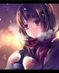  blush brown_eyes brown_hair can cold highres holding letterboxed long_hair mittens muku_(apupop) original scarf snowing solo striped striped_scarf 