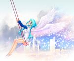  angel aqua_hair braid building crosshatching feathered_wings highres long_hair looking_at_viewer original sleeves_past_wrists smile snow solo swing twin_braids wings yui_toshiki 