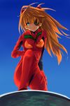  absurdres bangs blue_background blue_eyes blue_sky bodysuit bracer breasts brll closed_mouth day evangelion:_3.0_you_can_(not)_redo eyepatch floating_hair gloves hair_between_eyes headgear highres knee_up light_smile long_hair looking_at_viewer neon_genesis_evangelion number orange_hair outdoors pilot_suit plugsuit rebuild_of_evangelion shikinami_asuka_langley skinny sky small_breasts smile solo souryuu_asuka_langley tape turtleneck 
