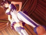  1girl bare_shoulders black_eyes black_hair blush breasts censored cleavage feet footjob game_cg hand_on_hips kannatsuki_noboru large_breasts long_hair looking_down no_shoes open_mouth penis skirt standing thighhighs 