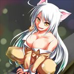  animal_ears bakemonogatari bare_shoulders black_hanekawa breasts cat_ears cleavage collarbone fang hanekawa_tsubasa large_breasts long_hair monogatari_(series) nekomonogatari open_mouth pajamas revision slit_pupils smile solo squatting white_hair yasojima_nejiro yellow_eyes 