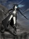  asymmetrical_hair black_hair black_rock_shooter black_rock_shooter_(character) blue_eyes boots cloud coat endlessgr8 fire highres jacket kuroi_mato midriff mountain solo sword trench_coat twintails weapon 