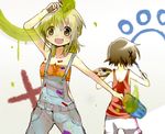  :d art_brush back blonde_hair brown_hair bucket collarbone hair_ornament hairclip hidamari_sketch karaage_(torikkk) miyako multiple_girls open_mouth overalls paint paintbrush palette paw_print short_hair smile strapless tank_top trim_brush tubetop yellow_eyes yuno 