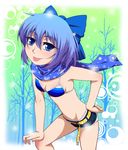  :p belt bikini blue_eyes blue_hair bow cirno forest hair_bow hand_on_hip hand_on_own_knee hayashi_custom highres leaning_over looking_at_viewer nature navel scarf short_hair short_shorts shorts smile solo swimsuit tongue tongue_out touhou 