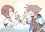  1boy 1girl blue_eyes breasts brown_hair commentary_request gloves jewelry kairi_(kingdom_hearts) kingdom_hearts kingdom_hearts_i nanpou_(nanpou0021) necklace open_mouth red_hair short_hair smile sora_(kingdom_hearts) 