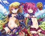  armor belly bikini_top blonde_hair blue_eyes collaboration elbow_gloves flat_chest gloves hair_ornament imperial_(sekaiju) kunai long_hair multiple_girls navel night_seeker_(sekaiju) pink_hair red_eyes sekaiju_no_meikyuu sekaiju_no_meikyuu_4 short_hair short_shorts shorts sumapan thighhighs toraishi_666 unbuckled_belt vest weapon 